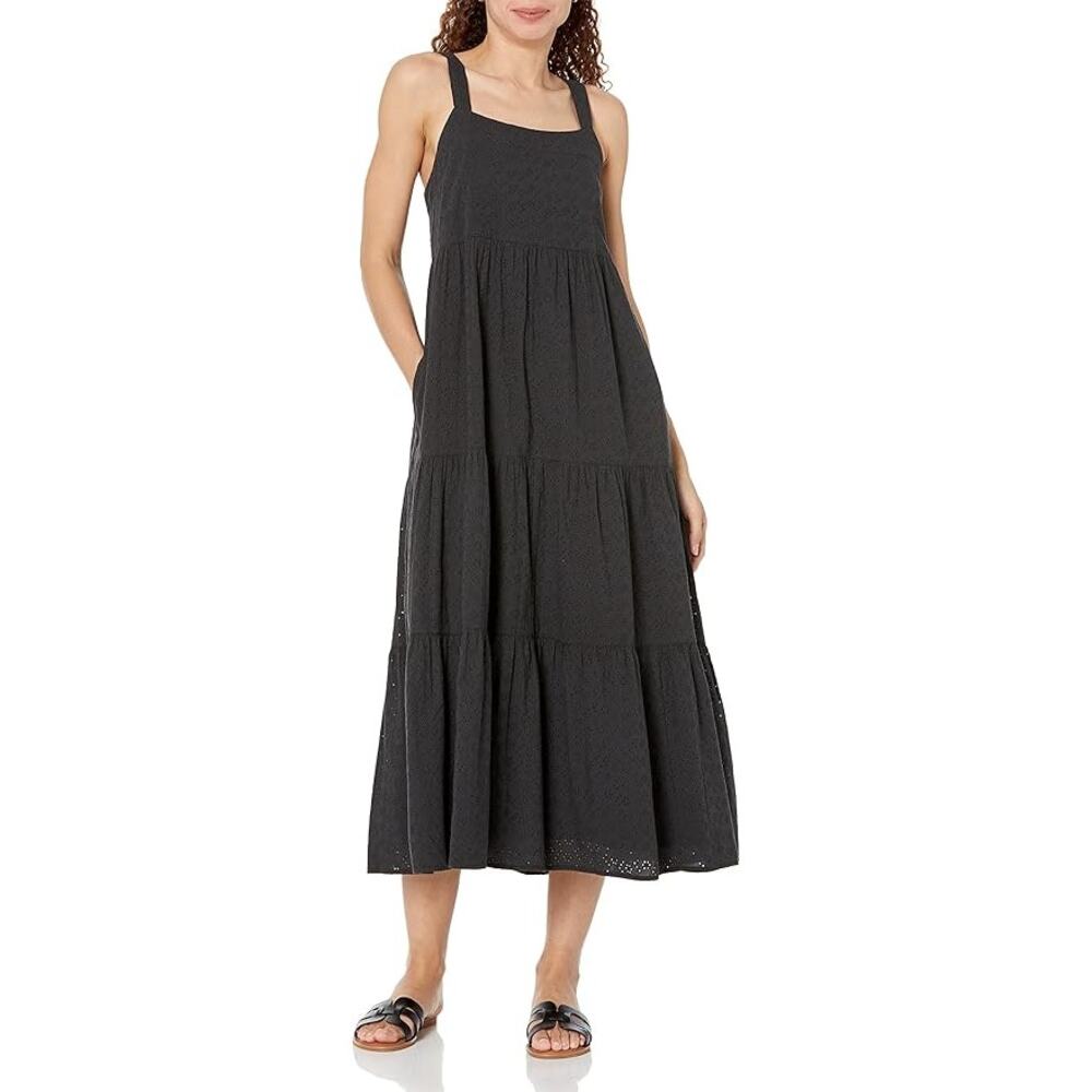 The Drop Brit Tiered Eyelet Square Neck Maxi Dress Black XL